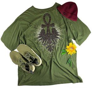 Pelle Pelle Mens Shirt Live Forever Leather Ankh Design  4XL Shirt Studded Green